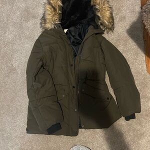 Olive Green Women's Jacket with Faux Fur Hood